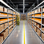 **

A vibrant, well-organized Amazon fulfillment center, showcasing diverse products neatly stacked on shelves. Focus on the efficiency and global reach, maybe with subtle hints of international packaging. Emphasize the "Amazon Prime" branding subtly in the background. Could use warm, inviting lighting.

**