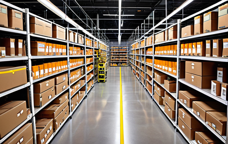 **
A vibrant, well-organized Amazon fulfillment center, showcasing diverse products neatly stacked on shelves. Focus on the efficiency and global reach, maybe with subtle hints of international packaging. Emphasize the "Amazon Prime" branding subtly in the background. Could use warm, inviting lighting.
**