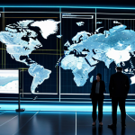A panoramic view of a sophisticated, interconnected global logistics network, visually representing data flowing seamlessly across continents. Transparent digital overlays show glowing blockchain blocks and lines connecting various supply chain nodes: a modern port, a bustling factory, and a sleek distribution center. Professional, diverse logistics experts in modest business attire are observing large holographic screens displaying real-time shipment traceability information. The scene emphasizes transparency and trust, with a clean, high-tech aesthetic. Perfect anatomy, correct proportions, natural pose, well-formed hands, proper finger count, natural body proportions, professional photography, high quality, fully clothed, appropriate attire, safe for work, appropriate content, professional, family-friendly.