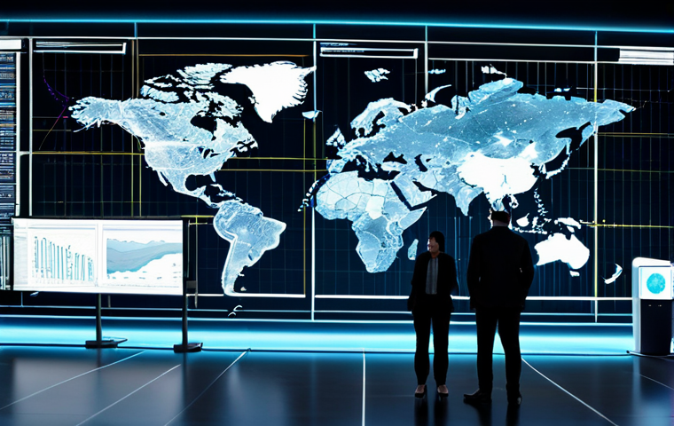 A panoramic view of a sophisticated, interconnected global logistics network, visually representing data flowing seamlessly across continents. Transparent digital overlays show glowing blockchain blocks and lines connecting various supply chain nodes: a modern port, a bustling factory, and a sleek distribution center. Professional, diverse logistics experts in modest business attire are observing large holographic screens displaying real-time shipment traceability information. The scene emphasizes transparency and trust, with a clean, high-tech aesthetic. Perfect anatomy, correct proportions, natural pose, well-formed hands, proper finger count, natural body proportions, professional photography, high quality, fully clothed, appropriate attire, safe for work, appropriate content, professional, family-friendly.