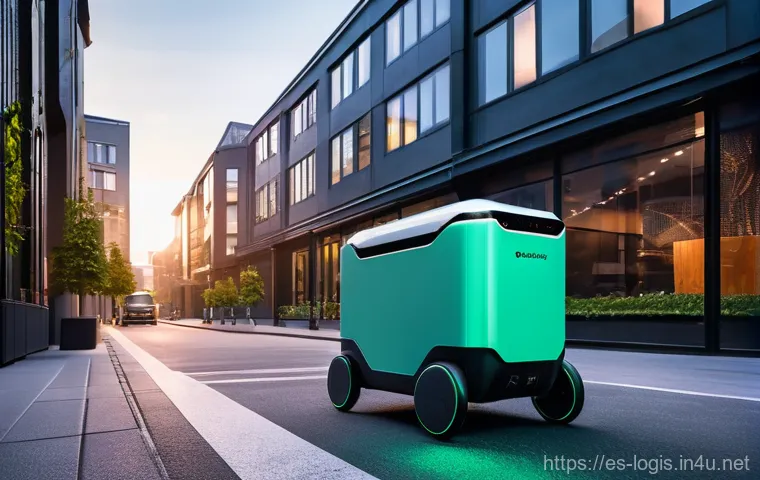 라스트 마일 배송 - **Smart City Delivery Hub:**
    A vibrant, wide-angle shot of a modern urban plaza featuring a prom...