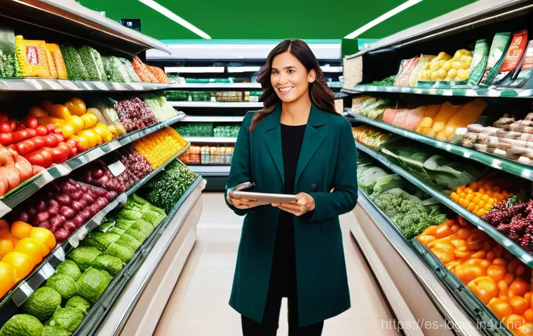 AI 기반 수요 예측 물류 - **Prompt:** A dynamic, brightly lit interior of a modern Spanish supermarket. In the foreground, a n...