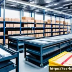 크로스도킹 물류 전략 - A modern warehouse interior bustling with activity, showing workers in uniforms efficiently sorting ...