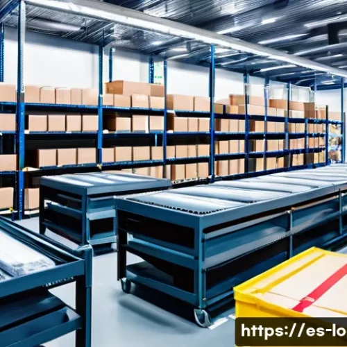 크로스도킹 물류 전략 - A modern warehouse interior bustling with activity, showing workers in uniforms efficiently sorting ...