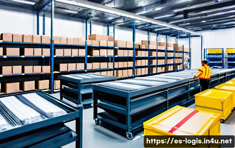 크로스도킹 물류 전략 - A modern warehouse interior bustling with activity, showing workers in uniforms efficiently sorting ...