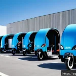라스트 마일 딜리버리 트렌드 - A bustling urban microhub distribution center in Madrid, featuring electric cargo bikes lined up nex...