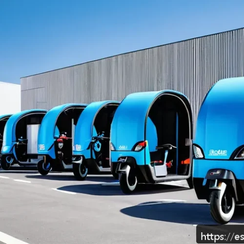 라스트 마일 딜리버리 트렌드 - A bustling urban microhub distribution center in Madrid, featuring electric cargo bikes lined up nex...