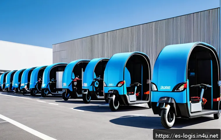 라스트 마일 딜리버리 트렌드 - A bustling urban microhub distribution center in Madrid, featuring electric cargo bikes lined up nex...