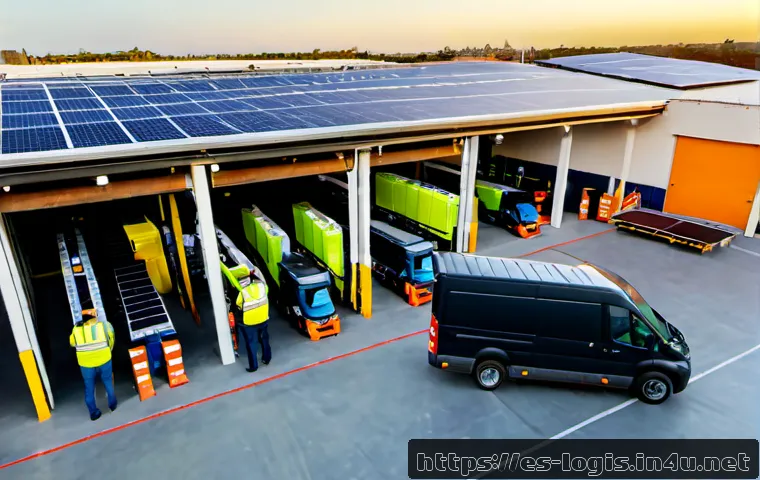 물류와 ESG 경영 - Photorealistic wide-angle scene of a modern Spanish logistics warehouse using sustainable operations...