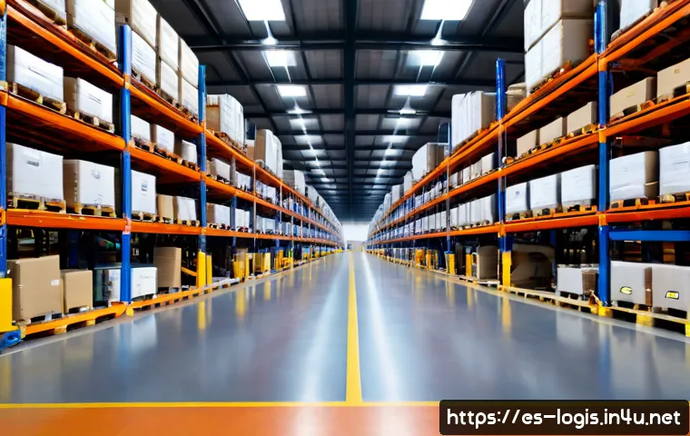 물류센터 운영 전략 - Photorealistic wide interior of a modern logistics distribution center in Spain, organized pallet ra...